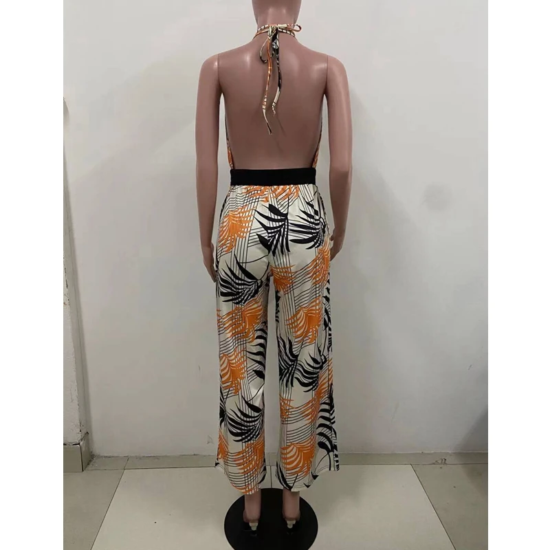 

WEPBEL Jumpsuits Women's Sexy Printed Slim Fit Slit Wide Leg Jumpsuits Summer V-neck Halter Backless Spaghetti Strap Jumpsuits