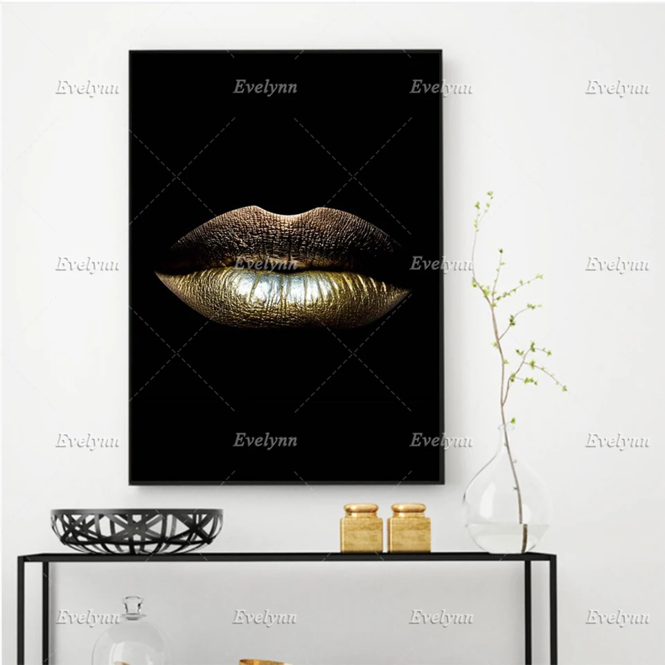 

Canvas Nordic Painting Prints Gold Lips Gradient Sexy Home Decor Poster Wall Art Modern Bedroom Modular Pictures Floating Frame