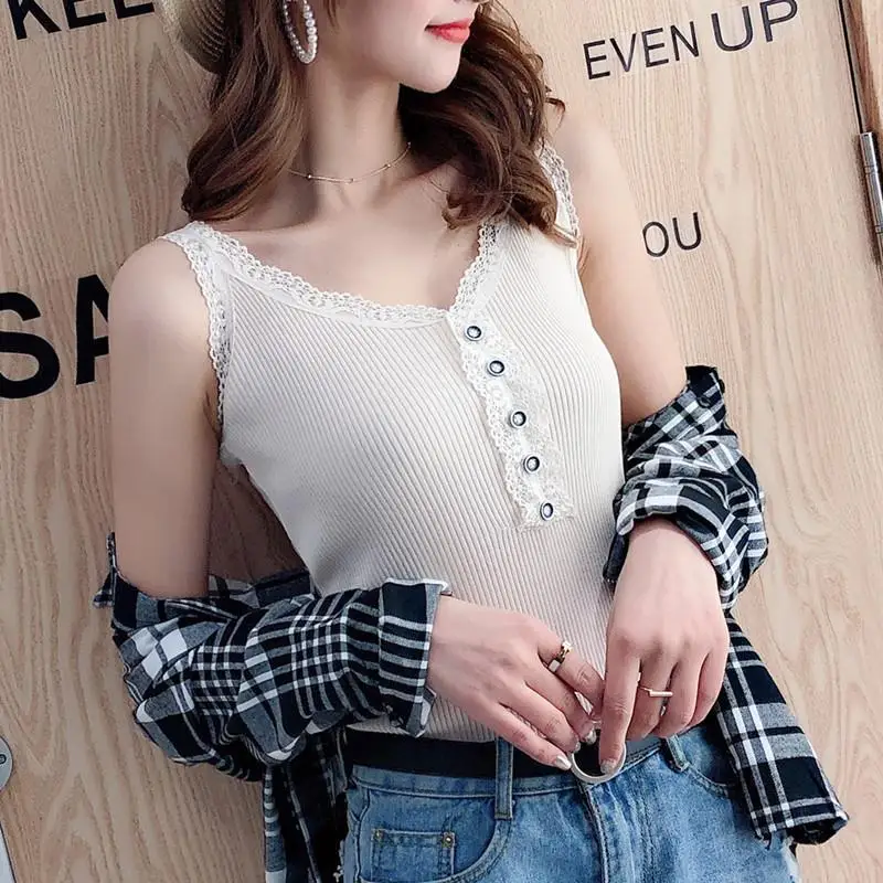 

Women 2021 Summer Fashion Lace V-neck Sleeveless Tops Female Ice Silk Knitted Vest Tops Ladies Slim Bottoming Vest Tops L188