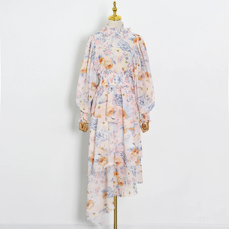 

TWOTWINSTYLE Irregular Hem Print Dress For Women Stand Collar Long Sleeve High Waist Vintage Dresses Female Fashion New Clothing