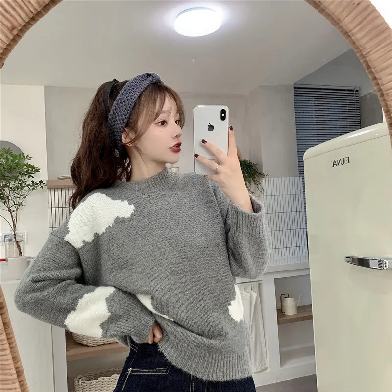 

Женский трикотажный свитер с круглым вырезом, серый пуловер с длинным рукавом и принтом