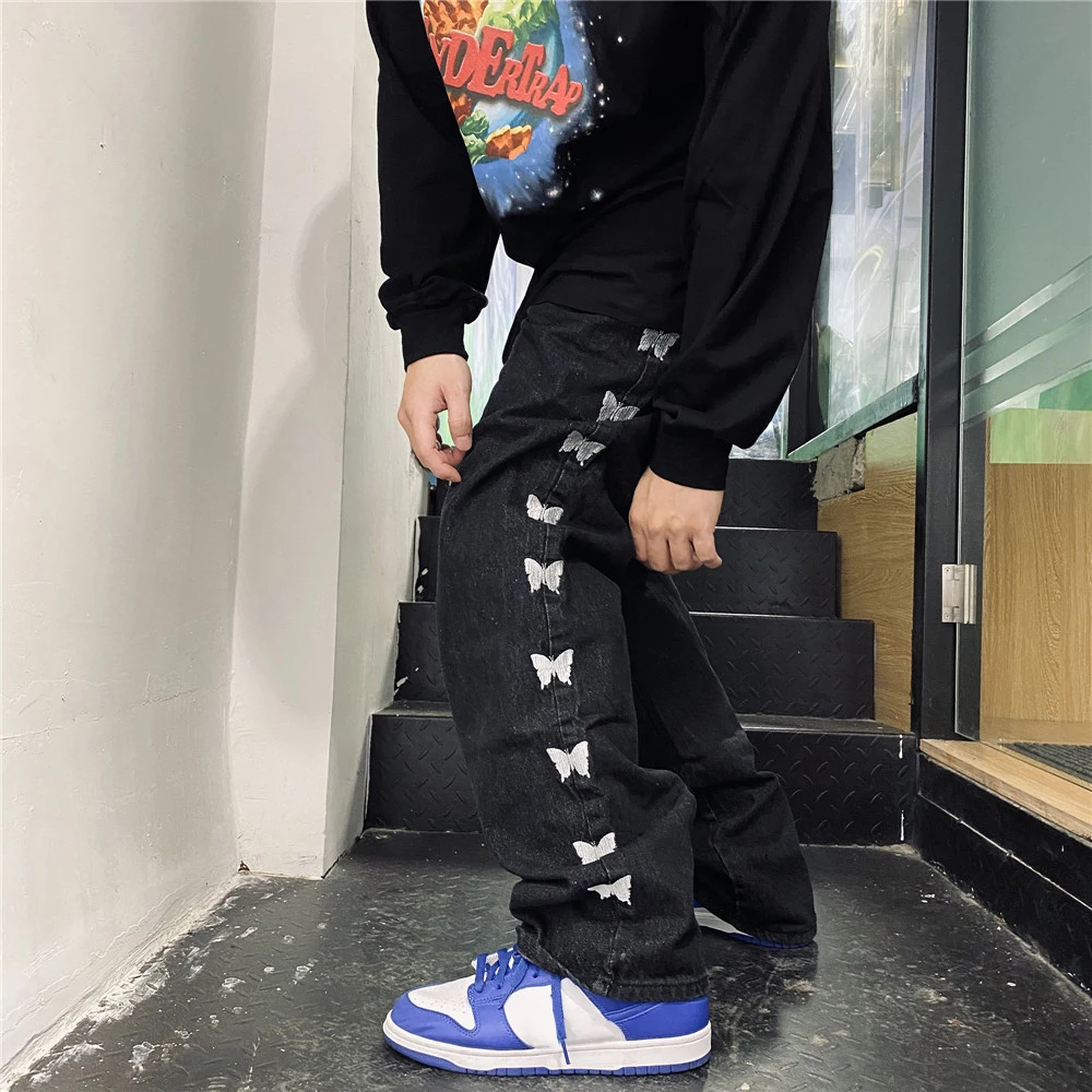 Men Hip Hop Streetwear Jeans Pants Butterfly Print Harajuku Cotton Men Trousers Men Embroidery Denim Pants