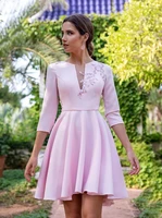 sexy illusion back cocktail dresses pink satin with 34 sleeve a line appliques button short prom dress vestidos de festa