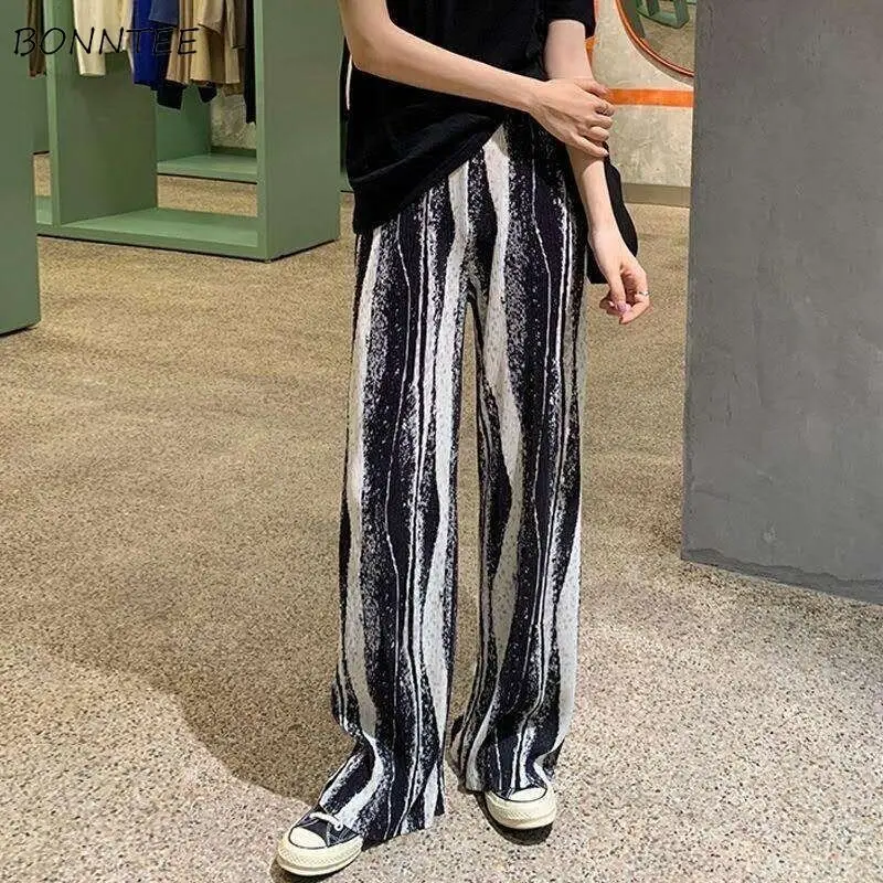 

Ladies Trousers Vintage Print Leisure Womens Pant Full Length Pants Women Trendy Pleated Summer Soft High Waisted All-match Chic