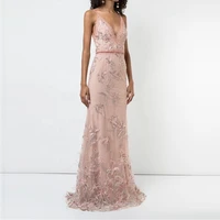 evening gown pink appliques tulip deep v section embroidery close dressing top grass long dresses