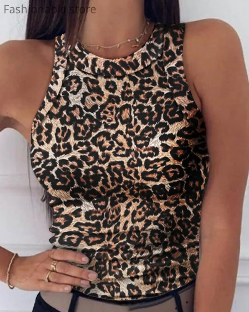 

Women Leopard Print Round Neck Casual Top Summer Sleeveless Basic Tank Top