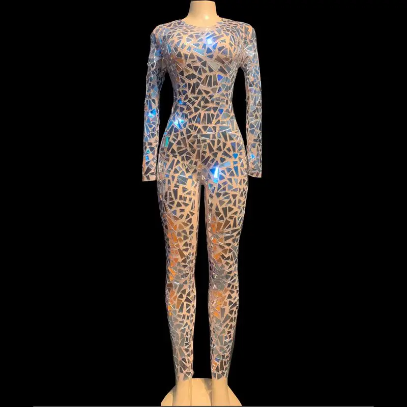 

Shining Silver Sequins Mirrors Jumpsuit Long Sleeve Women Birthday Prom Party Evening Outfit Sexy Mesh See Through Costume