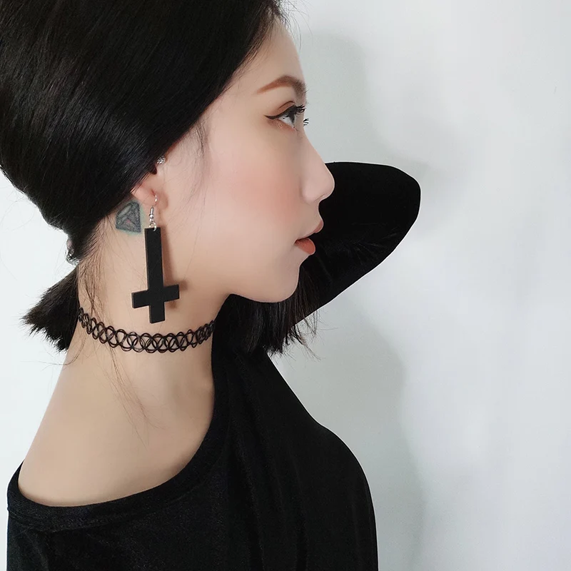 

Korean Fashion Gothic Black Acrylic Inverted Cross Drop Exaggerated For Women Men Hip Hop Earrings Exaggerated Acrylic Earrings