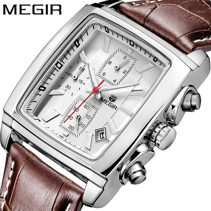 

MEGIR New Fashion Casual Multifunction Square Three Eye Sports Chronograph Personality Men's Business Watches Waterproof 2028G