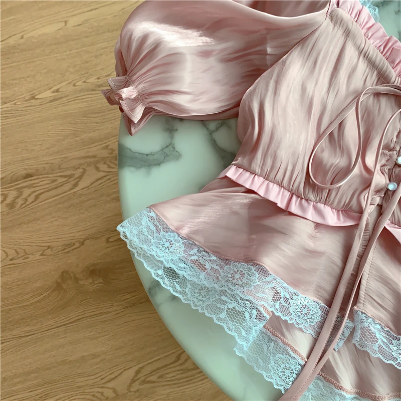 

Newest HIGH STREET Fashion 2021 Designer dress Women's Square Collar Lantern Sleeve Lace Drawstring short Blouse Top