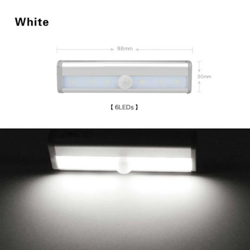 White 98mm 190 мм беспроводной PIR датчик движения светодиодный светильник для шкафа 10 светодиодный s батарея для шкафа шкаф кухонный светильник ing lampada - Цвет: White 98mm
