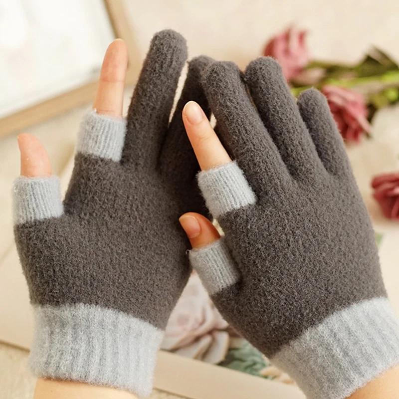 

Вязаные перчатки с двумя полупальцами, модные хрустальные бархатные женские мужские осенне-зимние теплые плотные бархатные перчатки с зак...