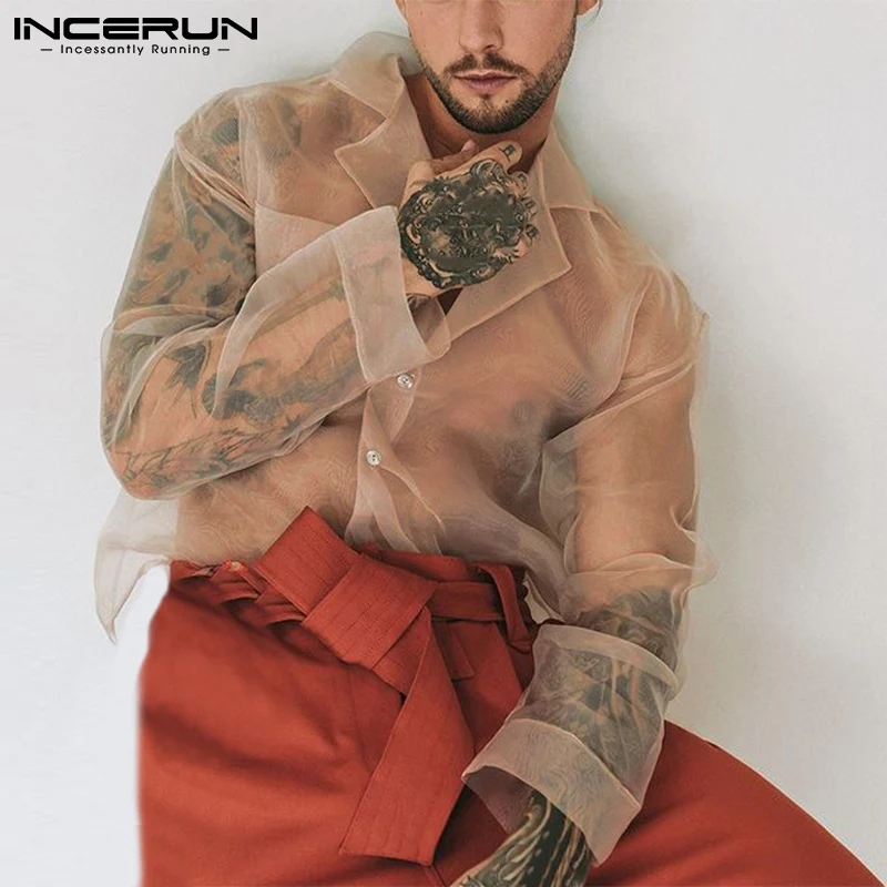 

Рубашка INCERUN Мужская однотонная сетчатая, с отворотом и длинным рукавом