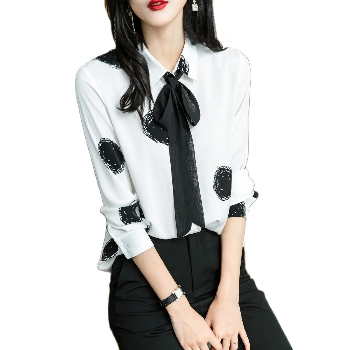 

2021 print big point chiffon blouse women long-sleeve design sense Chiffon shirt long sleeve shirt women chiffon polka dot tops