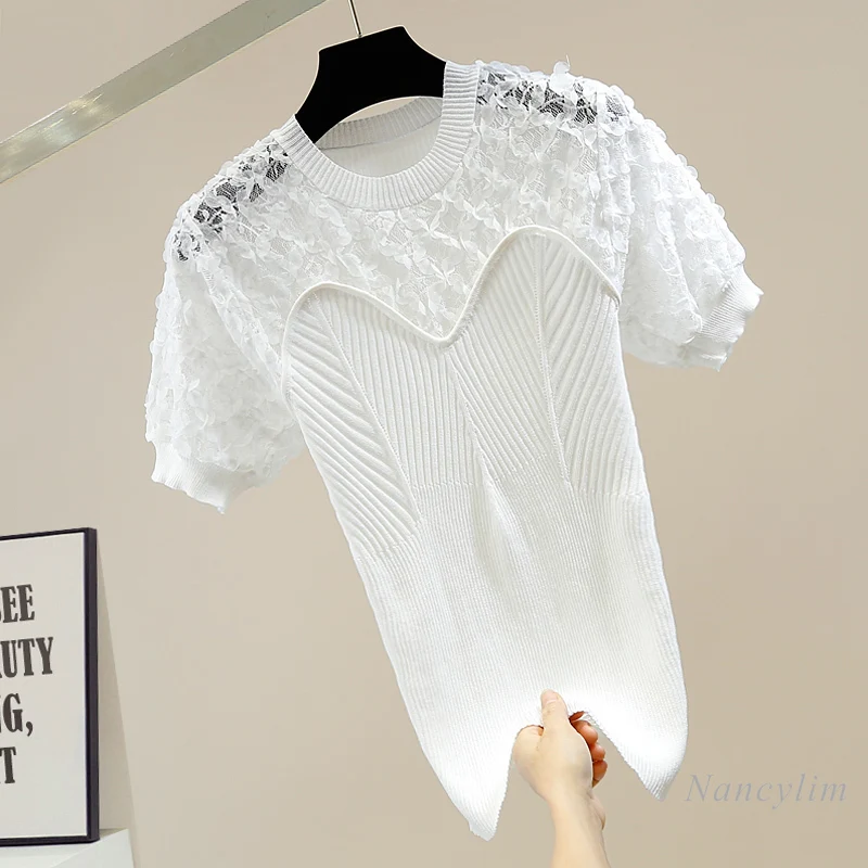 Camiseta de costura delgada de encaje para mujer, blusa de punto de seda de hielo fina para mujer, Top elegante Blanco, Negro, Rosa, Verano