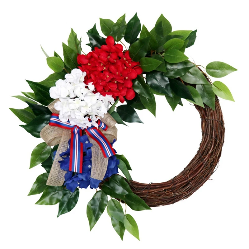 

New-Artificial Hydrangea Wreath American Patriotic Independence Day Wreath for Front Door Wall Window Home Decoration