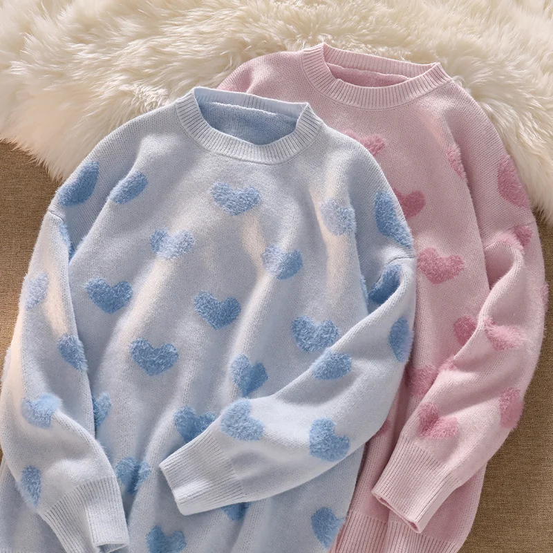

Autumn Vintage Knit Sweater women loose outer wear pullovers Korean 2021 long-sleeved pullover winter love warm soft Jumper tops