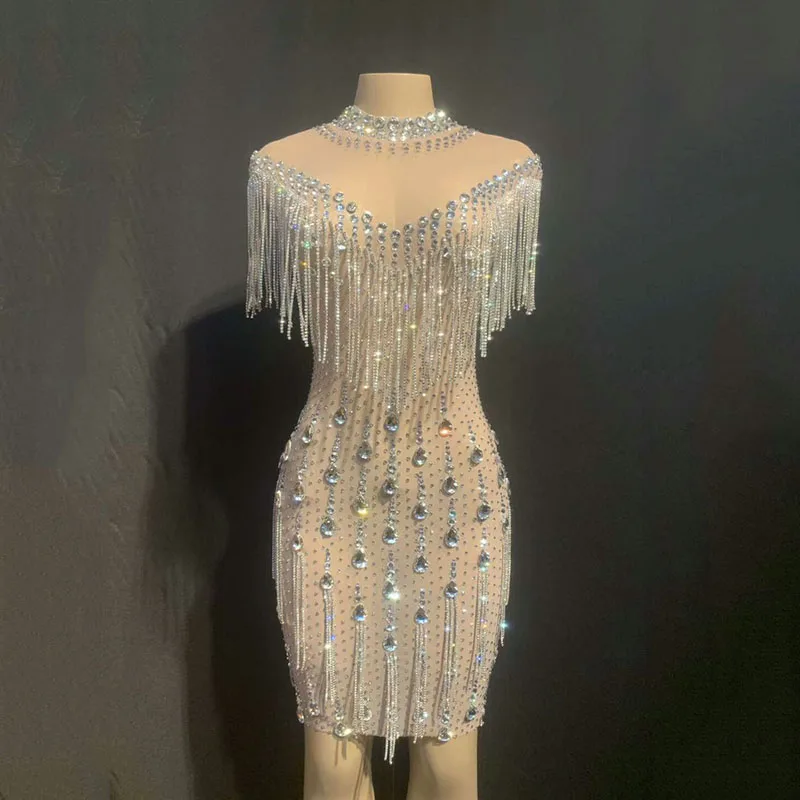 Стразовое платье с кисточкой в сеточку Сексуальный ночной клуб Full Stones Кисточка