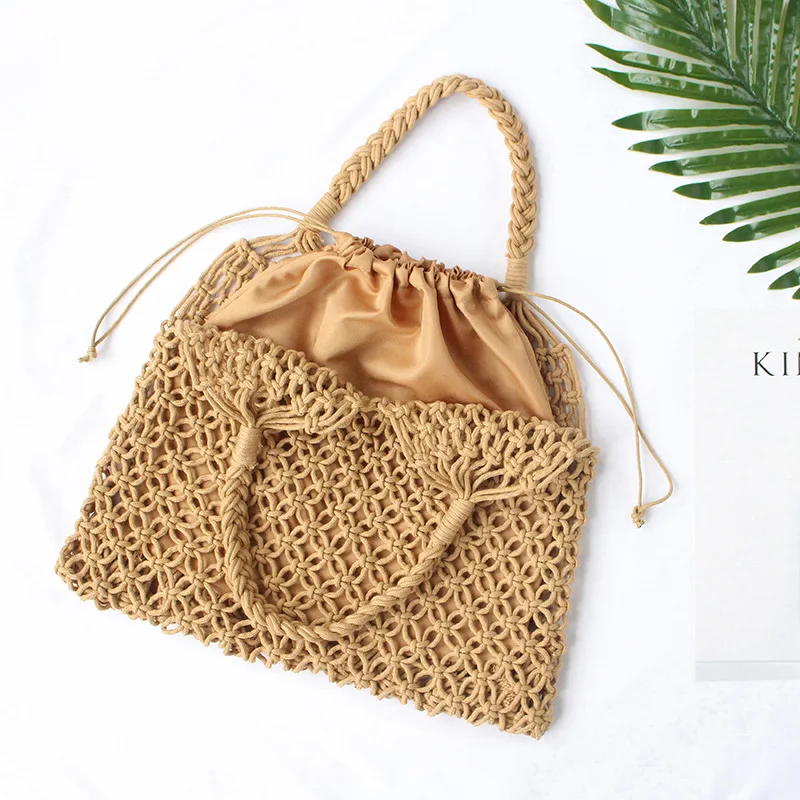 Women Boho Summer Woven Beach Bag Handmade Hollow Out Straw Bag Macrame Tote Girls Cotton Rope Crochet Bags