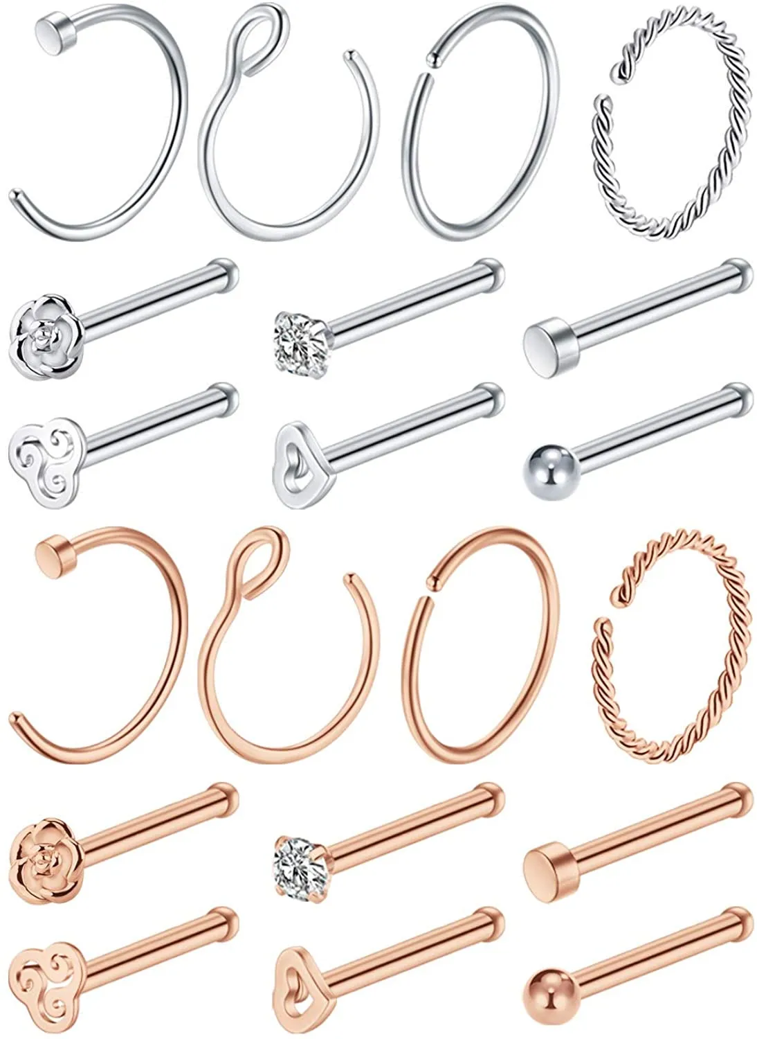 

Nose Rings Surgical Steel Nose Studs Nose Hoop Rings 20Pcs Nose Piercing Jewelry with Various Style in and Rose GoldColor
