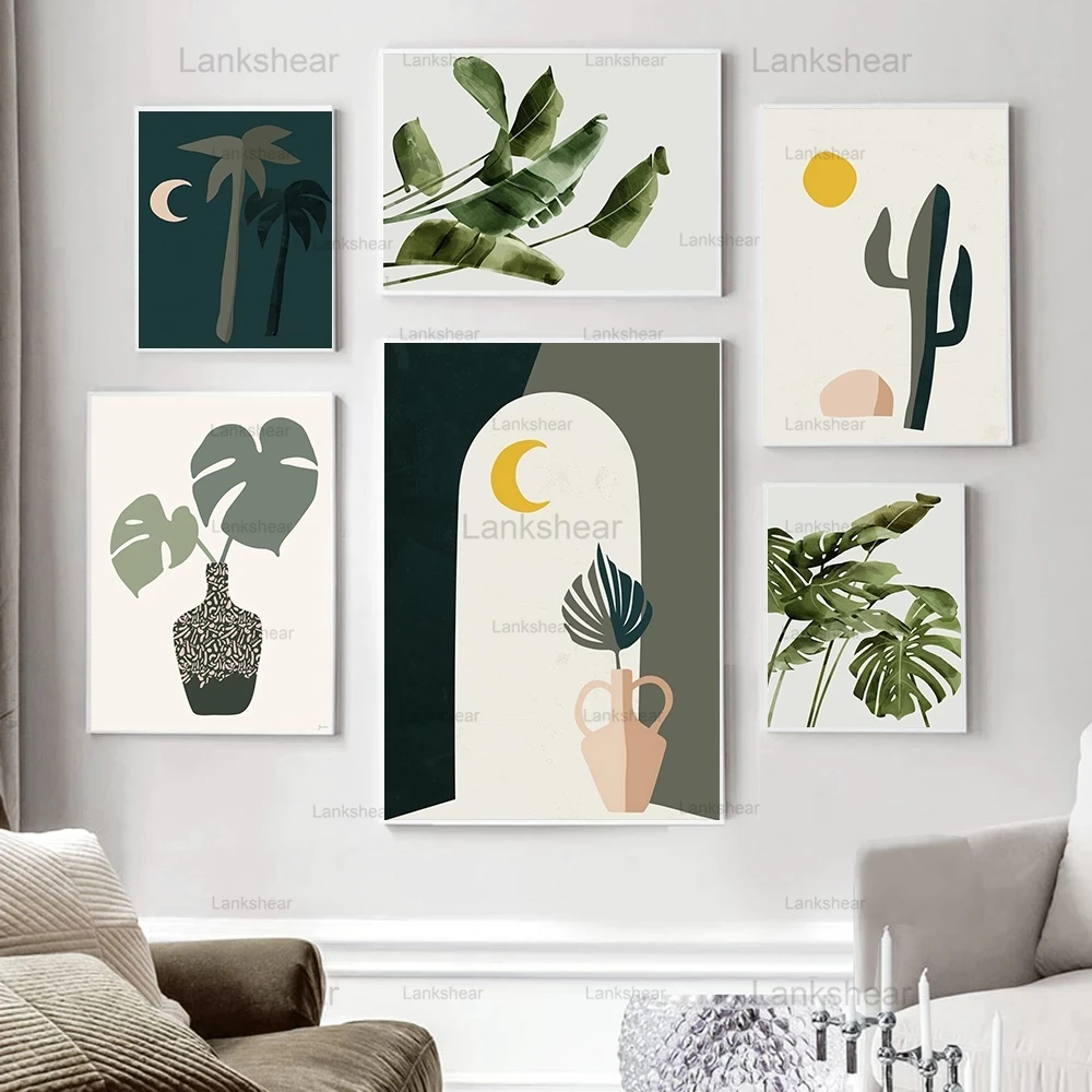 Холщовый постер с тропическими растениями в богемном стиле ваза зелеными