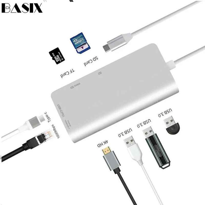 Концентратор USB 3 1 Basix с разъемом HDMI/USB 0/RJ45/SD/TF/PD адаптер для Macbook Pro huawei P20 samsung S8 S9 type C