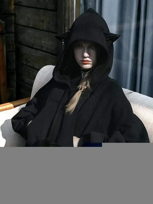 Панк рейв женские готические кошачьи уши помпоны с пышными рукавами толстовки