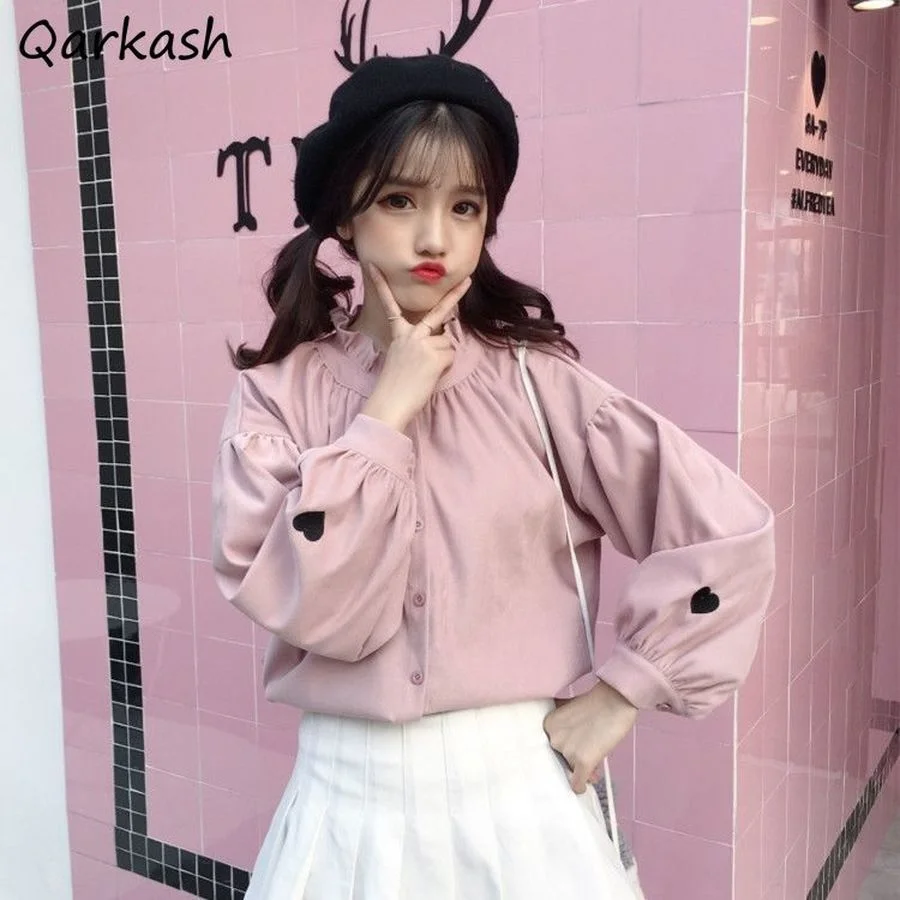 

Женские милые рубашки с вышивкой сердца в стиле ретро ольччан студенческие женские свободные универсальные модные новые