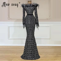 black shinny long prom dresses with feathers long sleeves sequin evening gowns formal party women dress 2021 custom plus size