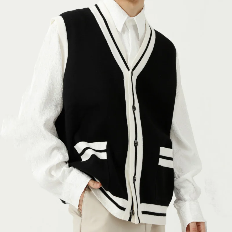 

Men's Fashion Kintwear Vest 2022 Autumn Winter New Korean V-neck Tide Knitted Sleeveless Tops Color Matching Sweater