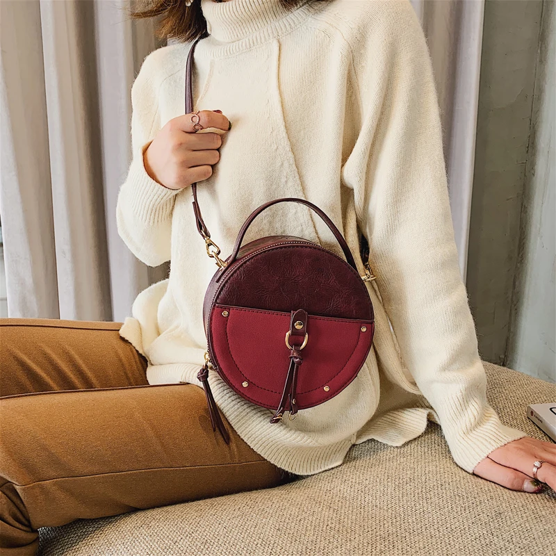 

Vintage Scrub Leather Round Designer Crossbody Bag For Women 2021 PU Leather Shoulder Bags Ladies Small Handbags Mini Tote Bag