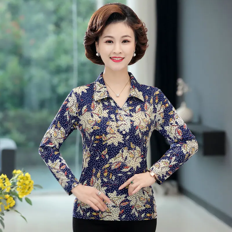 

Women Flower Blouse Autumn Johnny Collar Long Sleeve Tops Mature Woman Casual Daily Clothes Red Blue Plus Size Blouses Mother