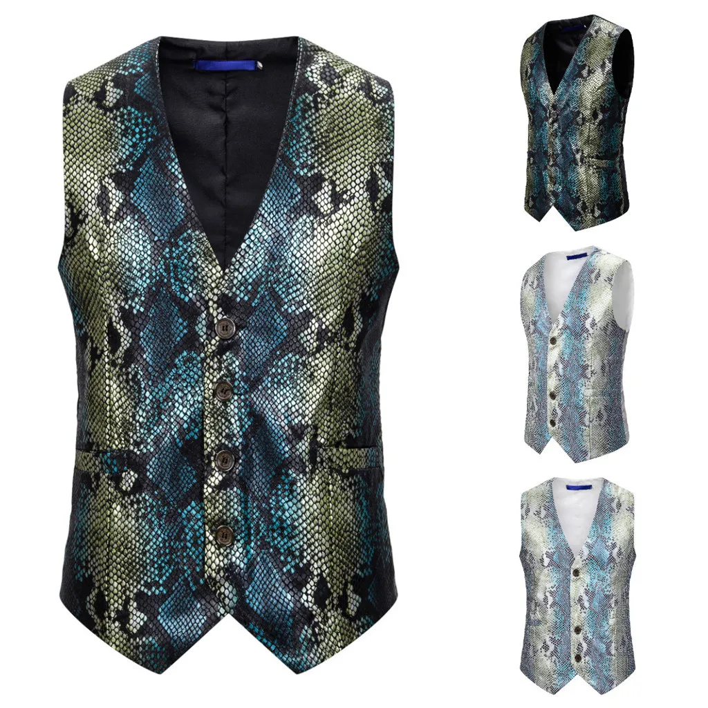 

Snake Print Men Vest Casual Male Waistcoat Nightclub DJ Stage Clothes Shiny chaleco hombre