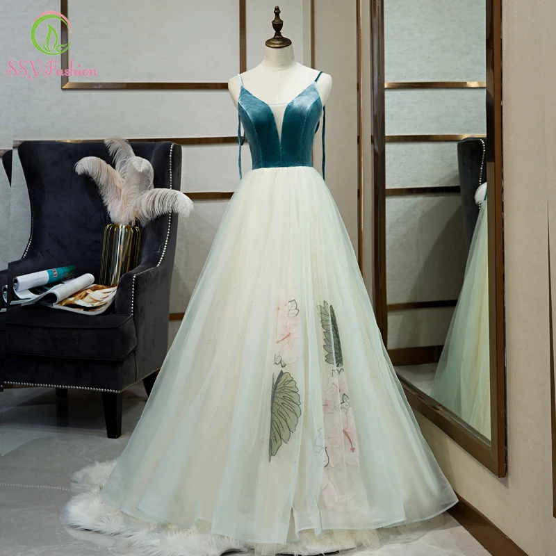 

Женское вечернее платье без рукавов SSYFashion, синее и зеленое платье-трапеция с V-образным вырезом, длинное бальное платье с фатиновой вставкой