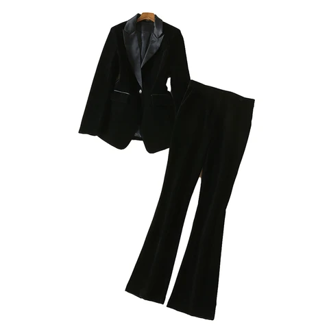 Женский бархатный костюм с длинным рукавом, модельный дизайнерский винтажный элегантный черный костюм, повседневные брюки для вечерние, осень