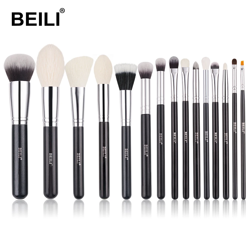 

BEILI Black Natural Makeup Brush Set Goat Hair Powder Nano Wool Foundation Blush Eyeshadow Contour Brow 15pcs Make Up Tools