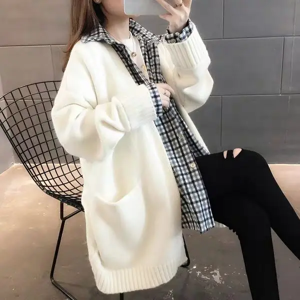 

Autumn Fake Two Women Cardigan Long Knit Stitching Plaid Sweater Coat