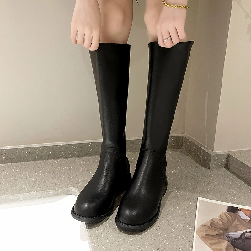 

Женские кожаные сапоги до колена, высокие сапоги на низком каблуке, с квадратным носком, на молнии, для верховой езды, новинка 2021