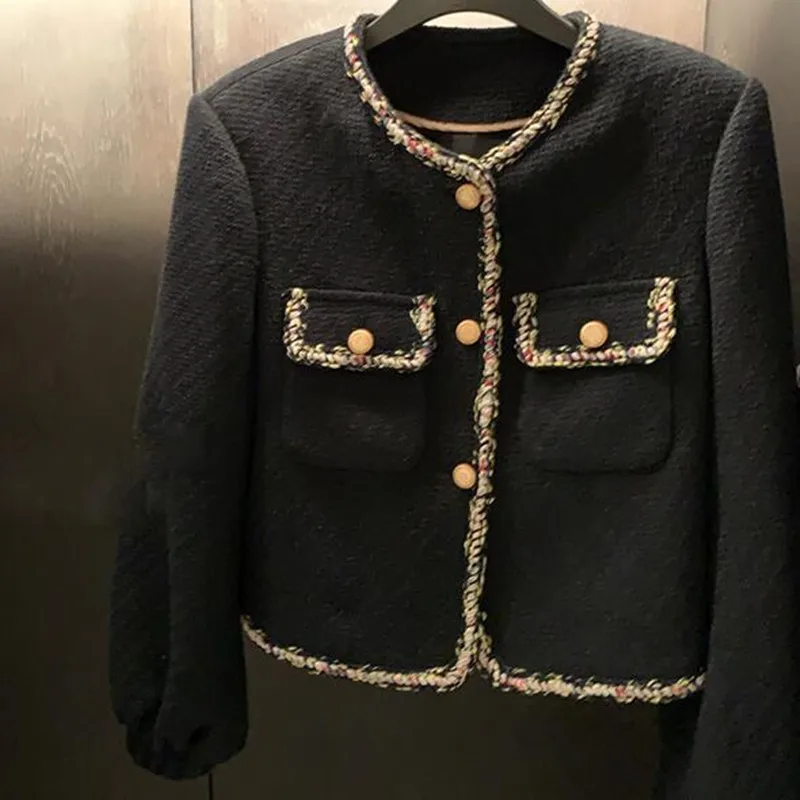

Korea New Arrive Temperament Retro Grid Short Woolen Jacket Women Autumn Spring Single Breasted Chic Tweed Coat