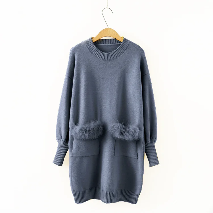 gray sweater Neploe Pull Femme, осенне-зимний свитер с длинным рукавом, платье из искусственного меха с карманами, вязаный пуловер, повседневный джемпер с круглым вырезом, 36300 - Цвет: gray sweater