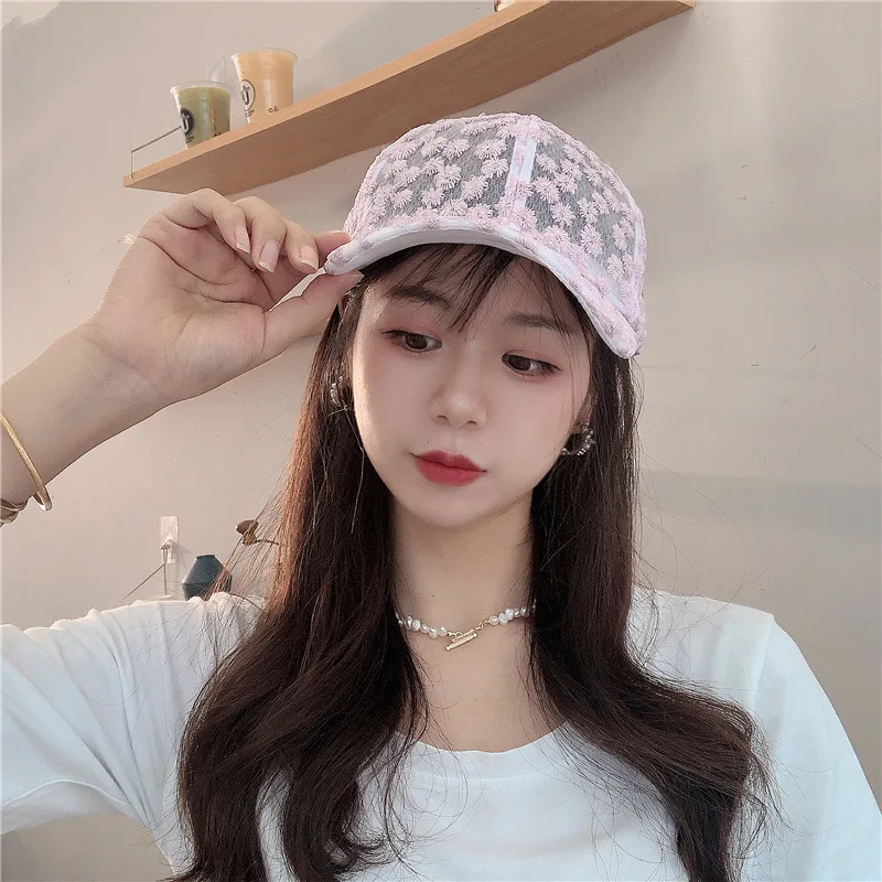 

Hat female sweet and cute spring and summer small daisy embroidery baseball cap lace breathable sunshade duck tongue net cap