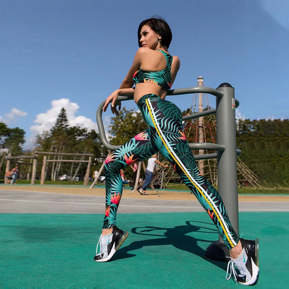 Женский комплект для йоги с принтом в виде листьев женский спортивный костюм