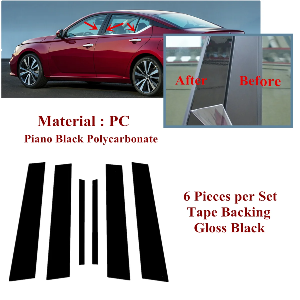 Fit For NISSAN Altima L34 Saloon 2019-2021 6pcs per set Gloss Black Decoration Exterior Window Trim Cover Side Door Pillar Posts |