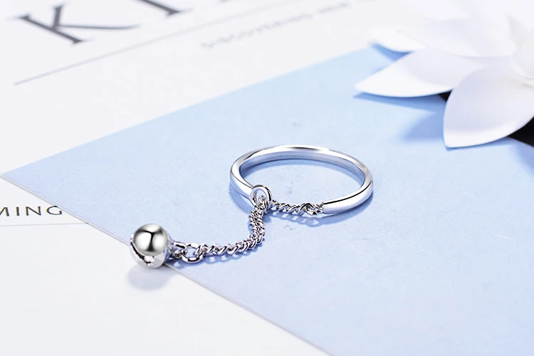 

925 Sterling Silver New Woman Fashion Jewelry High Quality Chain Bell Ring Adjustable Size Open Ring