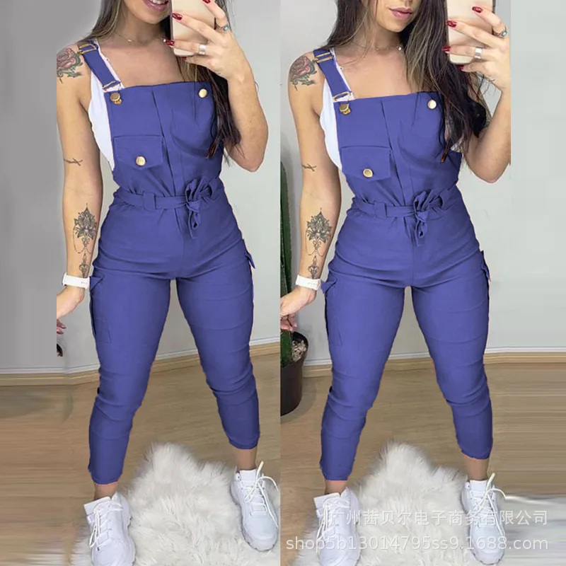 

WEPBEL Spring and Autumn Leisure Lace Up Slim Fit Pencil Jumpsuits Women's Fashion Solid Color Pocket Strap Jumpsuits
