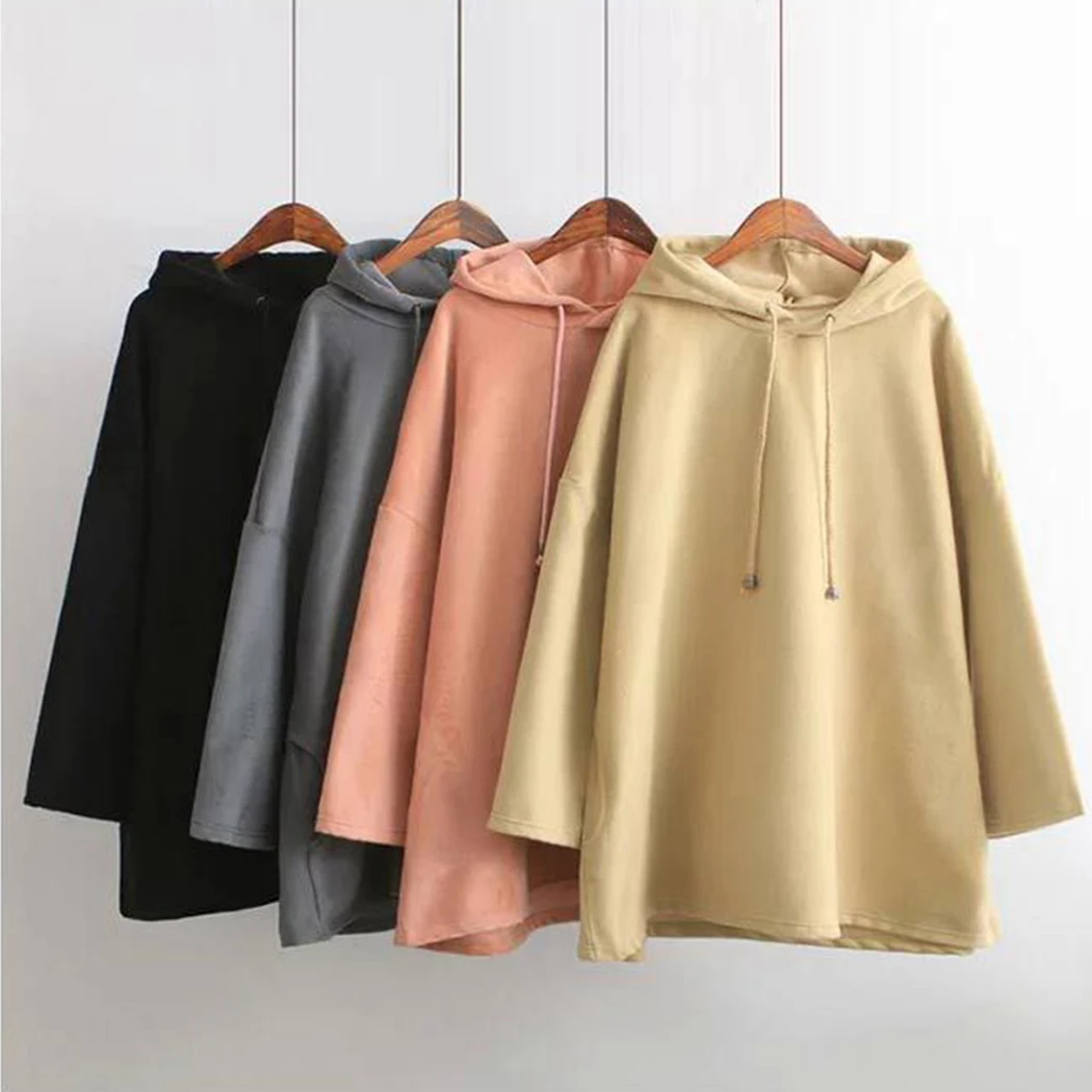 2019 Autumn Spring Plush Fleecy Cotton Hoodies Harajuku Midi Hooded Long Sleeve Loose Sweatshirt Oversize Pullovers Female Coat | Женская