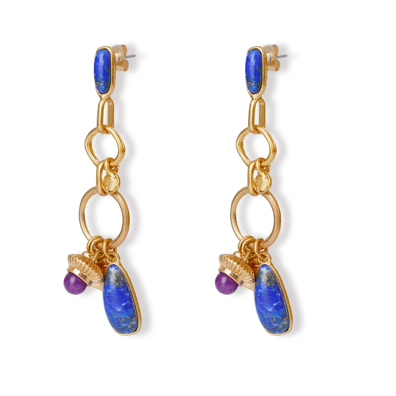 Металлические серьги синяя подвеска натуральный элемент камень геометрический