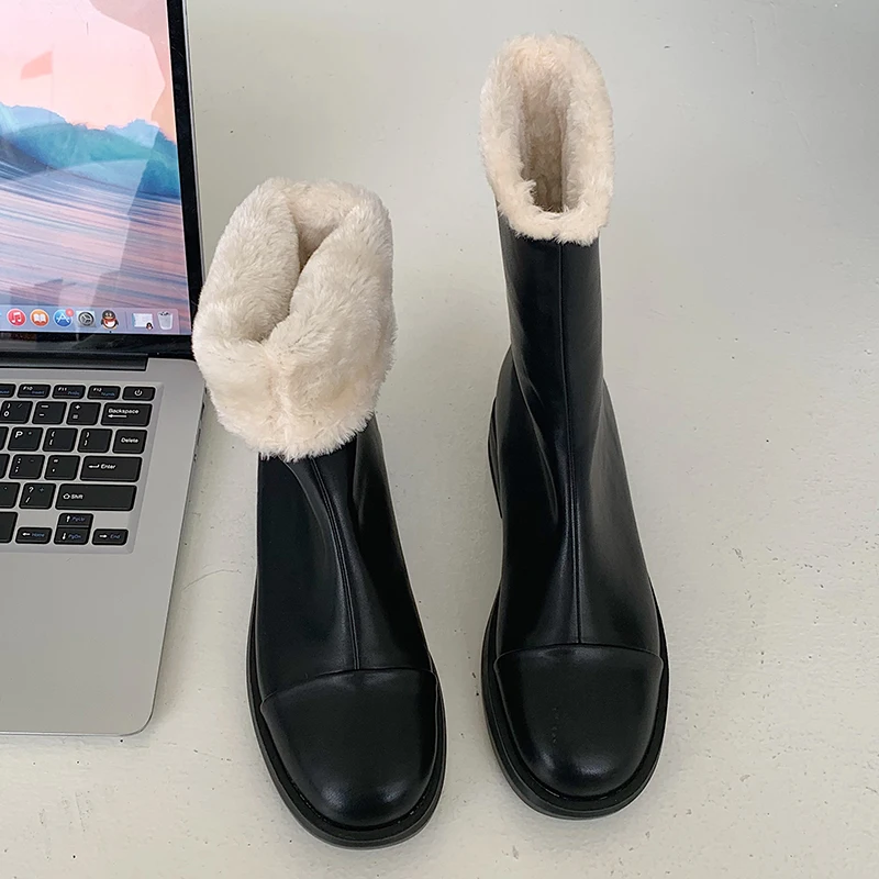 

Женские зимние ботинки челси, новые ботинки средней длины, модные короткие плюшевые ботинки на плоской подошве, женская повседневная обувь ...