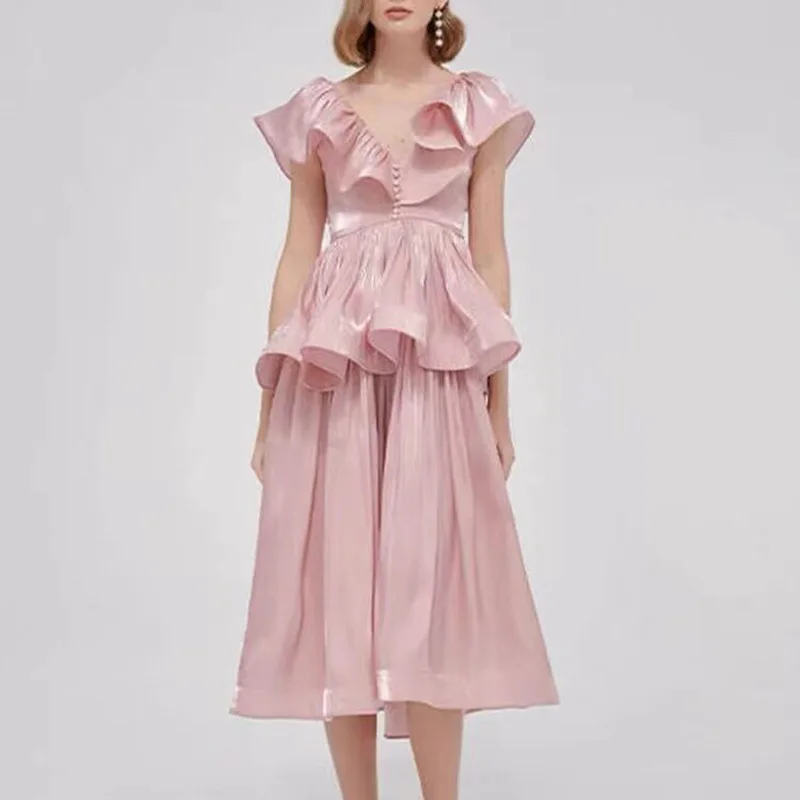 

Женское платье принцессы, розовое платье средней длины с V-образным вырезом и асимметричным швом, лето 2021