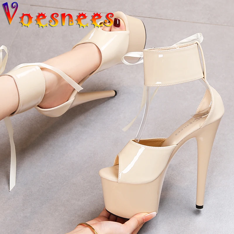 

Summer Modern Sandals Ankle Strap Thin Heels Pole Dancing Shoes Platform Nightclub 17CM Super High Heel Peep Toe Sexy Party Shoe